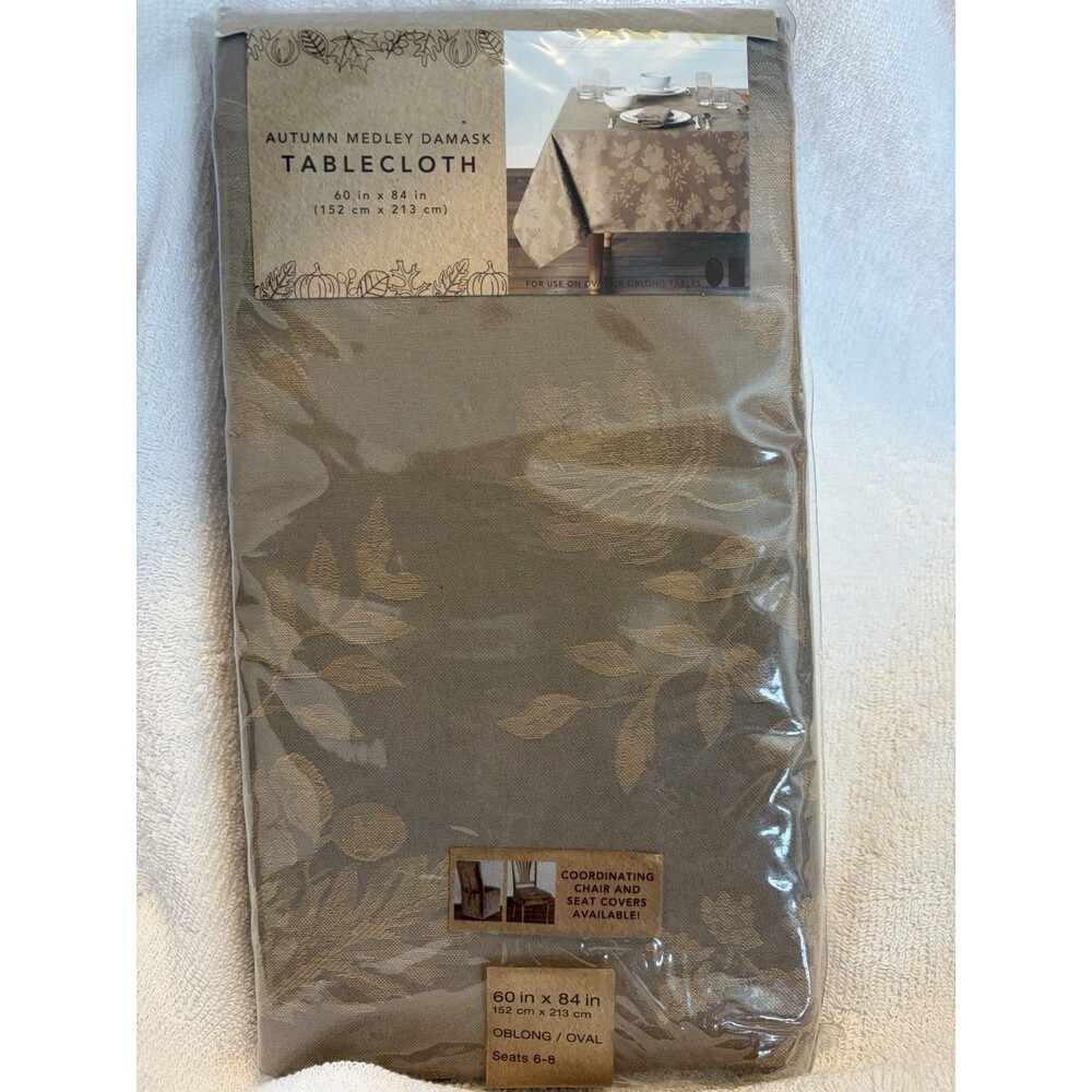 Autumn Medley Mushroom Damask Tablecloth Oblong/Oval 60x84” Town Country Living